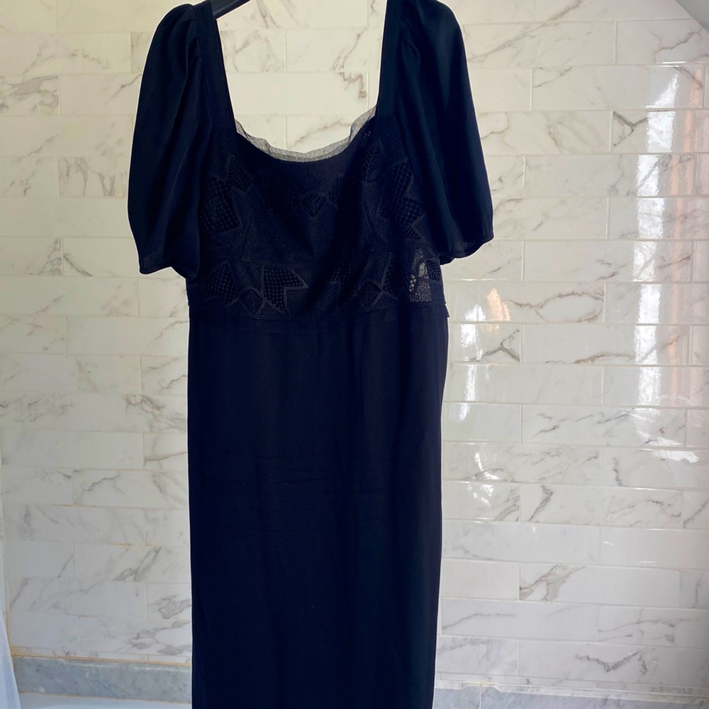Black silk midi dress with lace embroidery